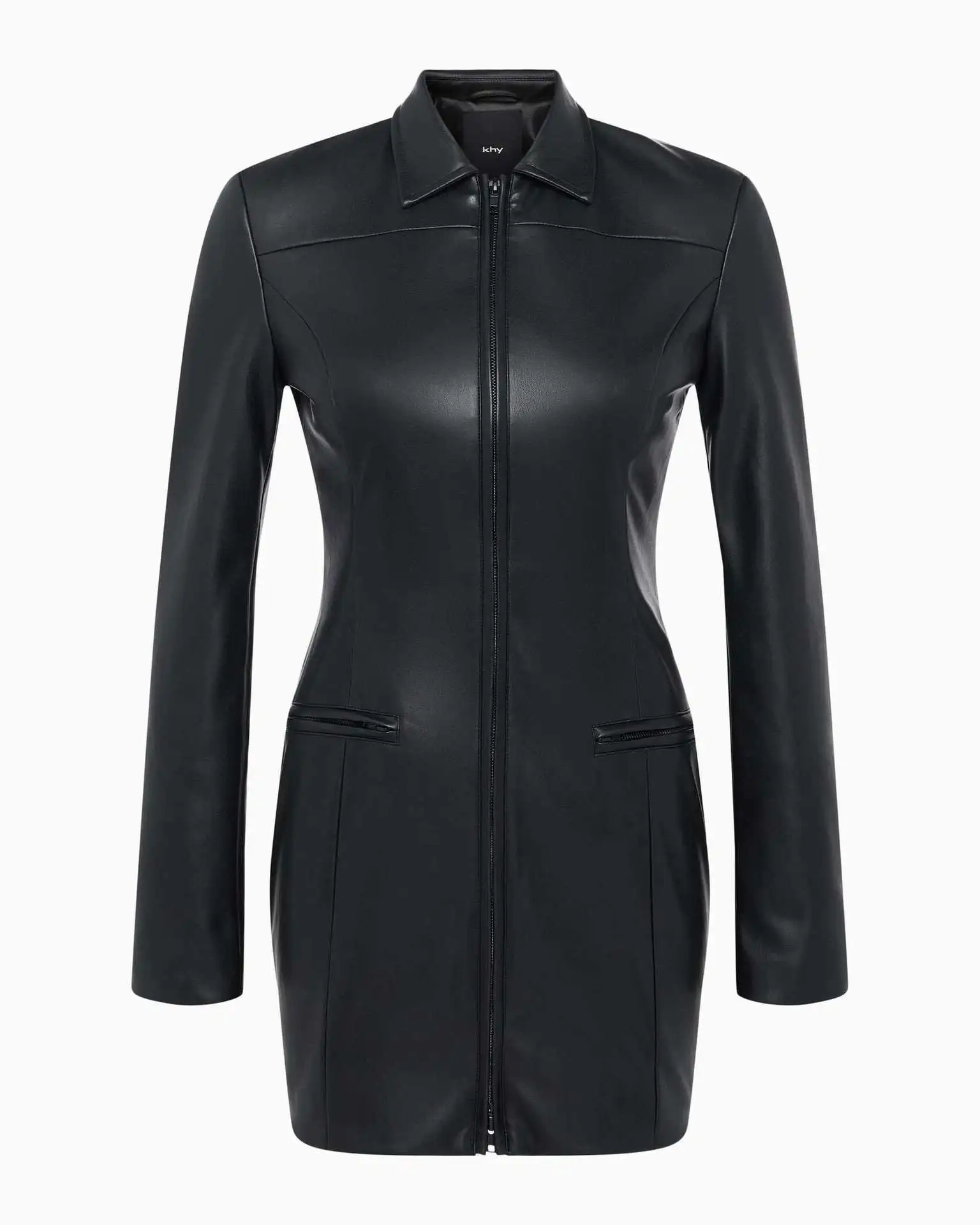 KHY Lapel Belted Faux Leather Mini Dress