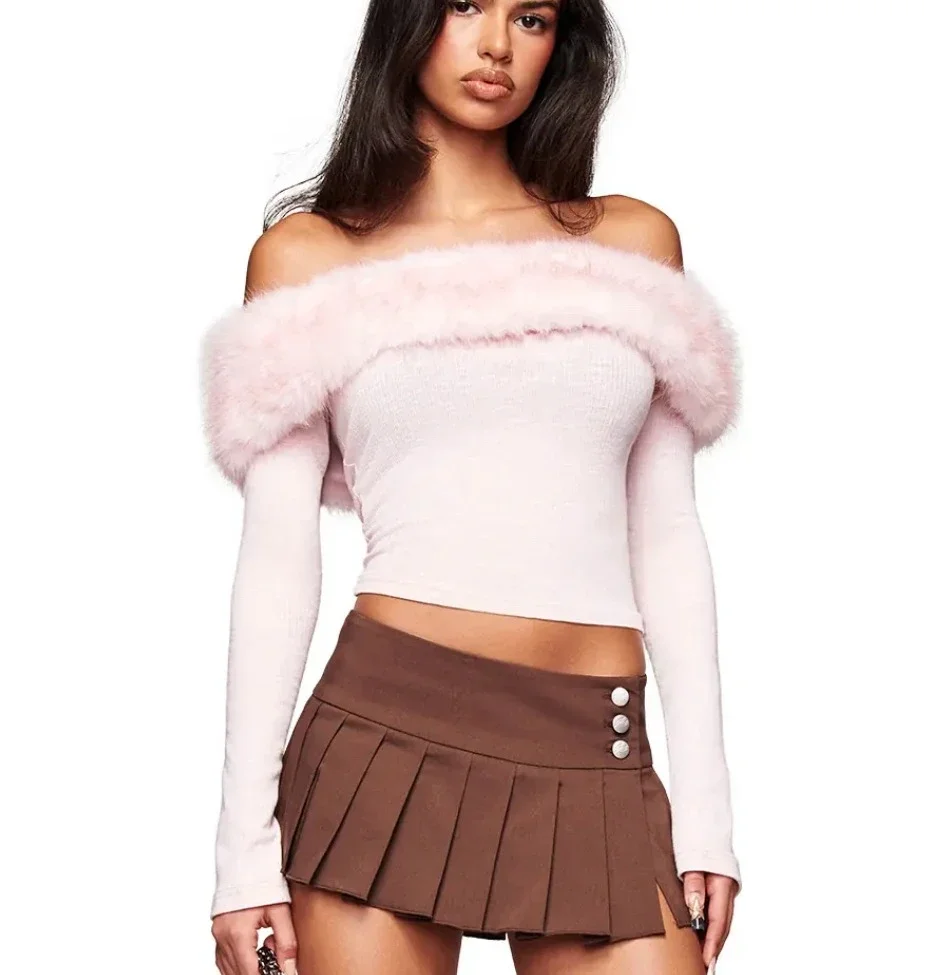 Off Shoulder Faux Fur Trim Ribbed Long Sleeve Crop Top