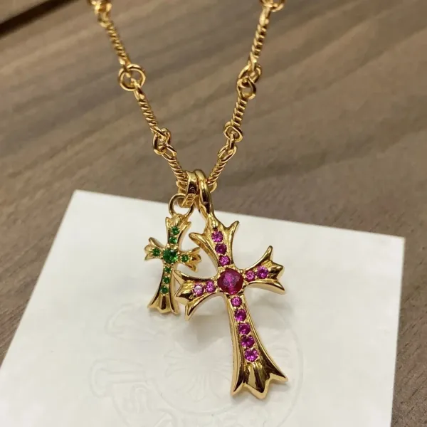 Chrome Hearts Double Cross Pendant Necklace in Gold with Ruby and Emerald - 1