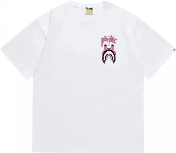 Bape x Stussy Shark Face Pink Logo White T-Shirt - 1