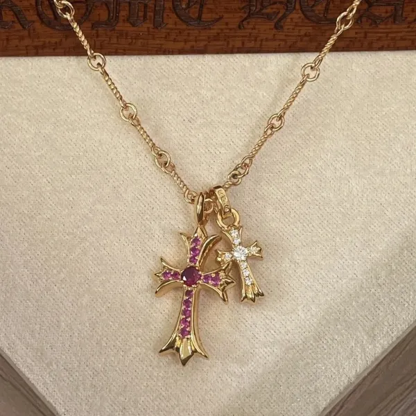 Chrome Hearts Double Cross Pendant Necklace in Gold with Ruby and Diamond Accents - 1