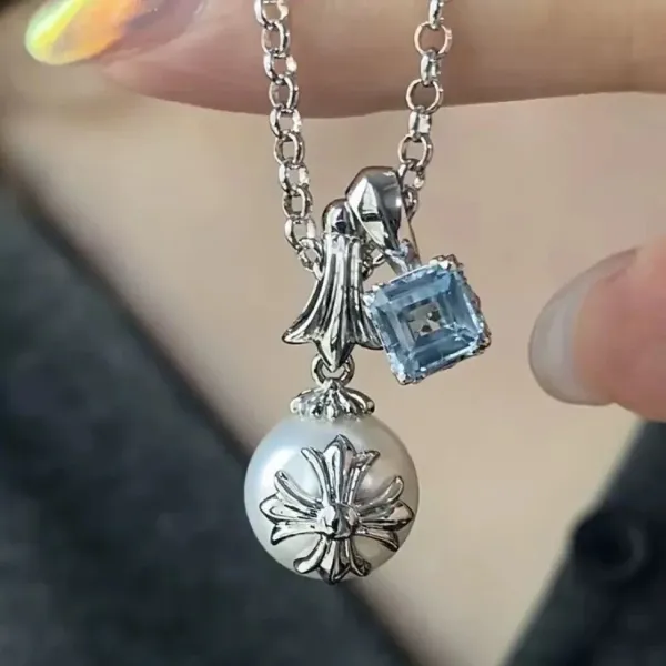 Chrome Hearts Pearl and Aquamarine Pendant Necklace - 1