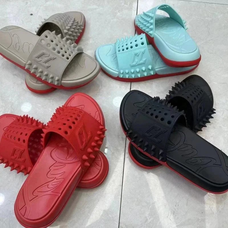 Christian Louboutin Black Red Spike Slide Sandals