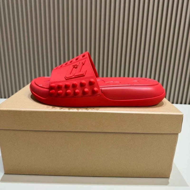 Christian Louboutin Black Red Spike Slide Sandals