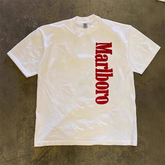 250g Trendy Marlboro Graphic Print Short-Sleeve T-Shirt for Men - Summer Pure Cotton Crew Neck, Opaque & Pilling-Resistant