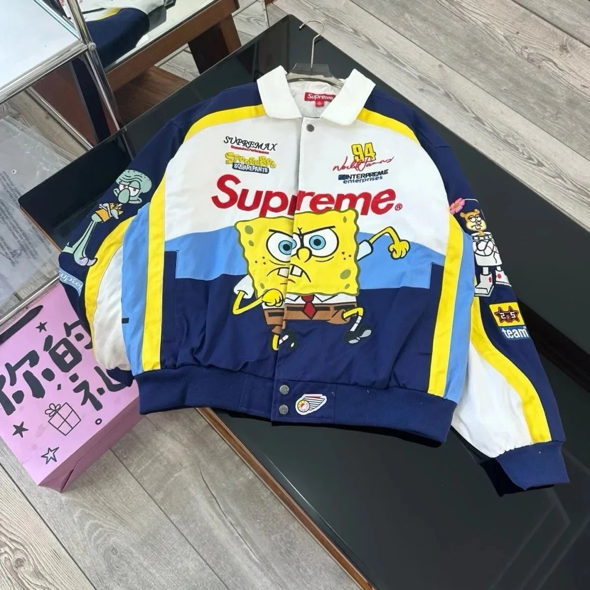 Supreme SpongeBob SquarePants Racing Jacket Navy Blue Yellow