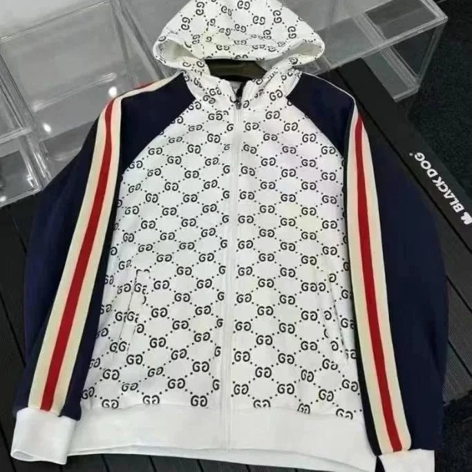 Gucci GG Monogram Hooded Jacket Navy White Red Stripes - 199851