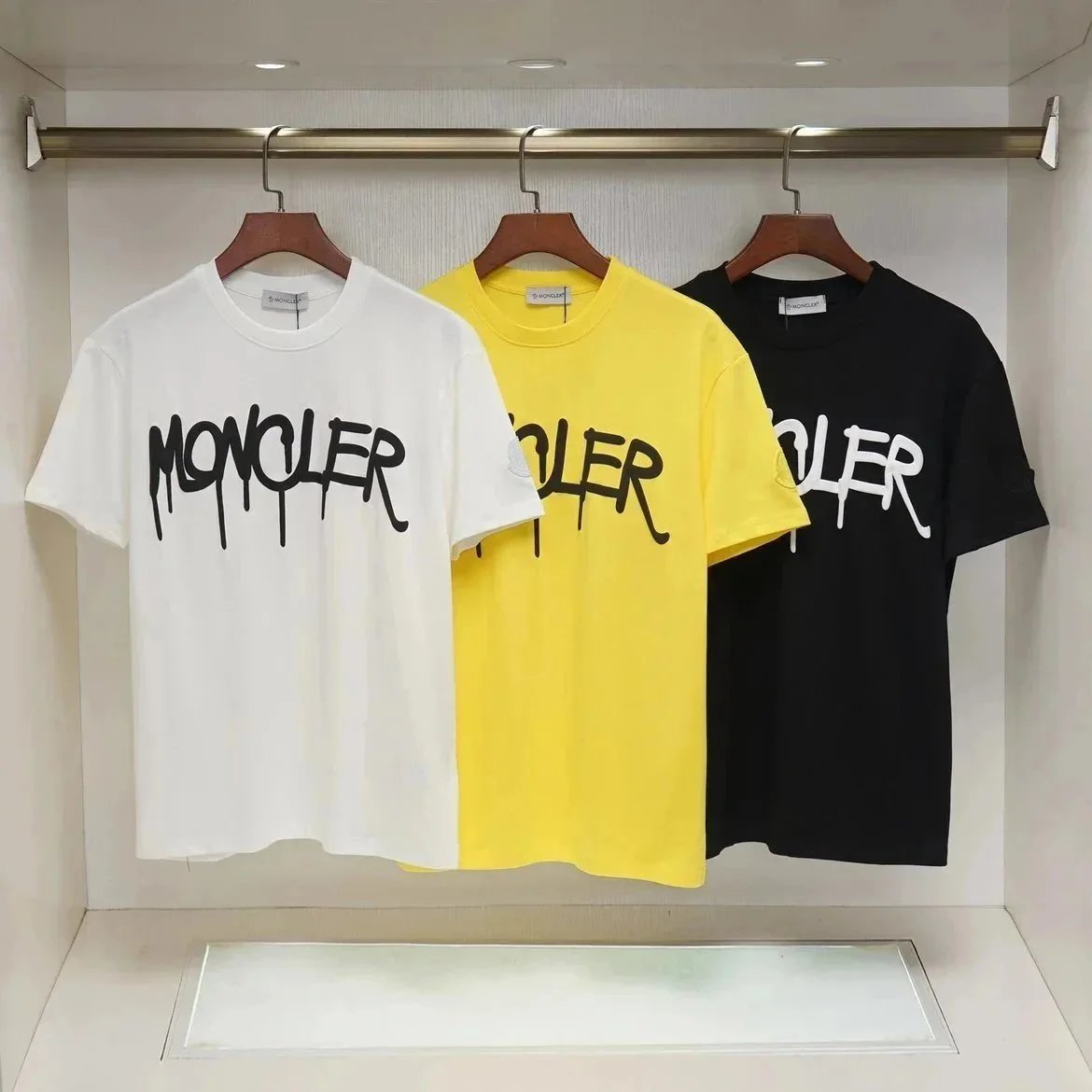 Moncler Dripping Logo Cotton T-Shirt - White Yellow Black - 196757