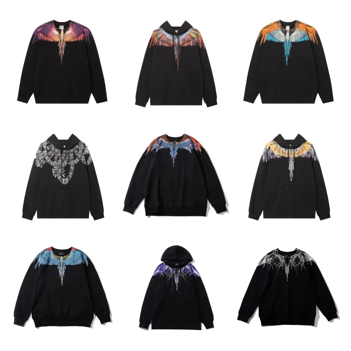 Marcelo Burlon Black Hoodie with Multicolor Wing Print