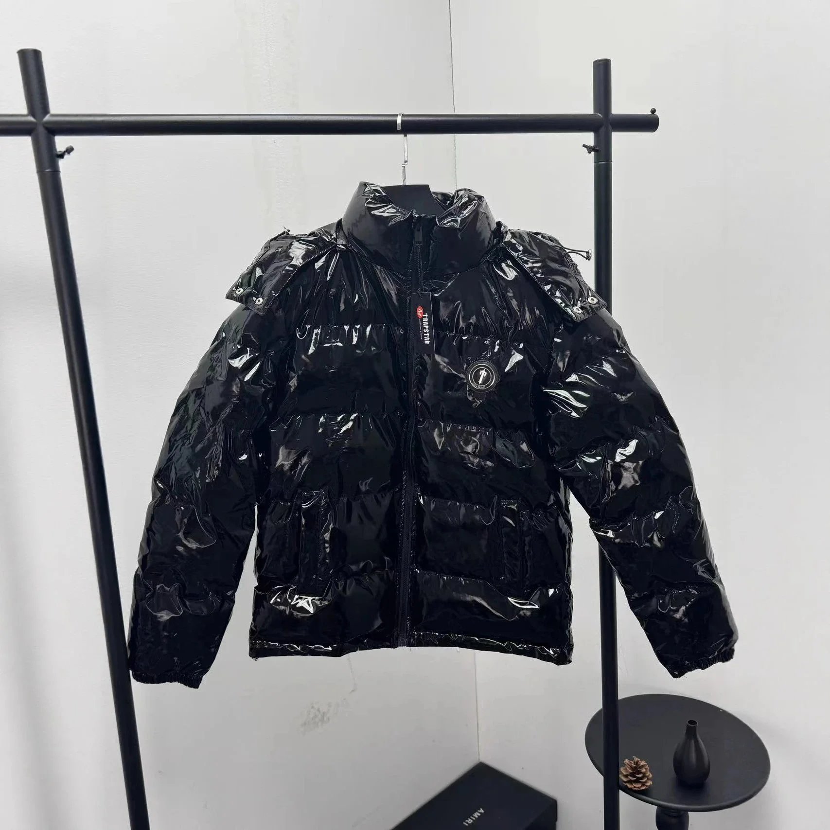 外贸Trapstar新款可拆卸帽亮面PU皮棉服时尚秋冬加厚保暖外套 - 200983