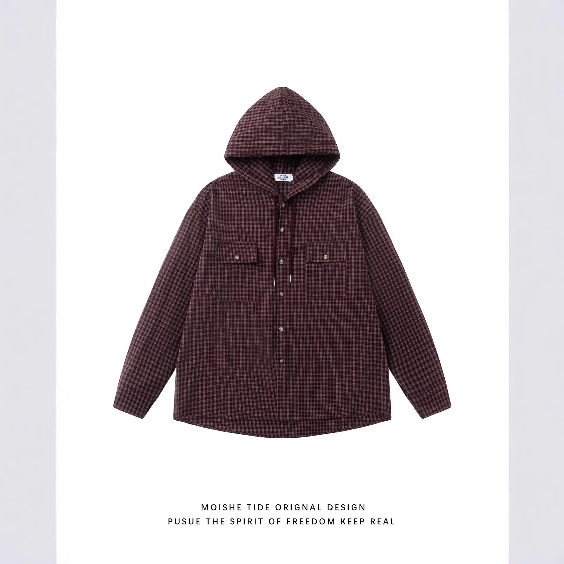 Moishe Tide Plaid Hooded Shirt Burgundy Casual Jacket