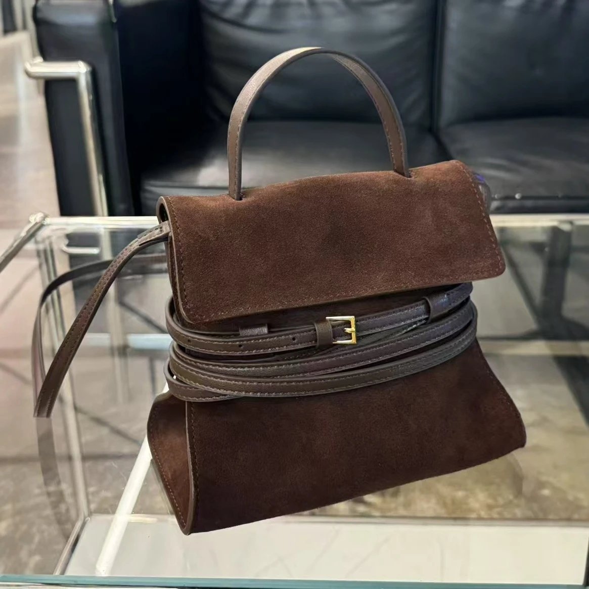 Suede Handbag Brown Minimalist Tote Bag