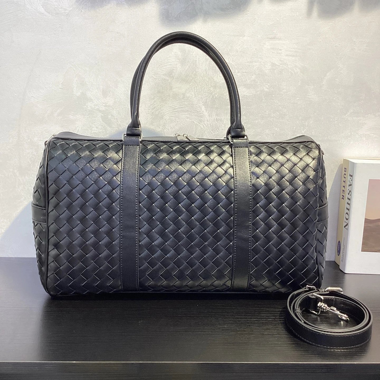 Woven Leather Black Duffle Bag