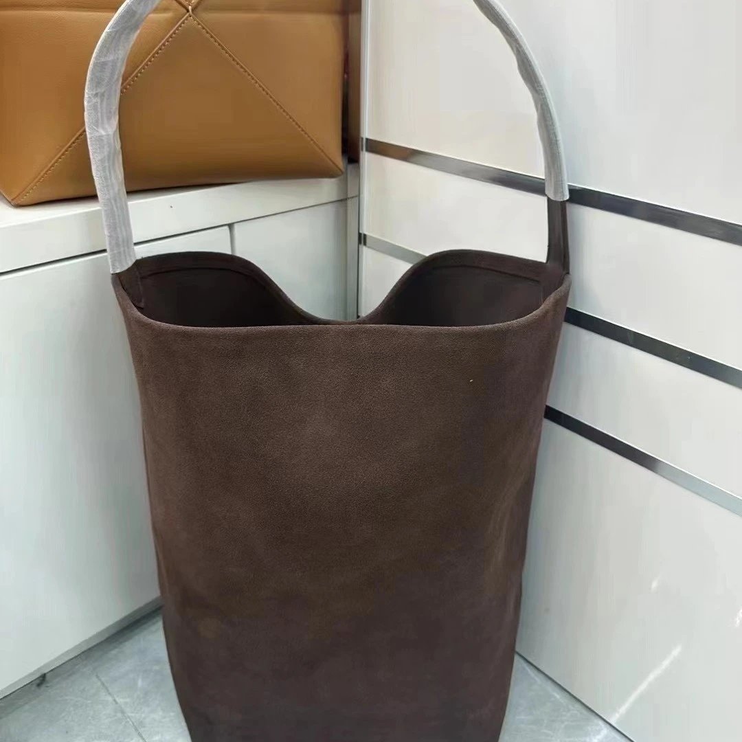 Brown Suede Tote Bag With White Handle