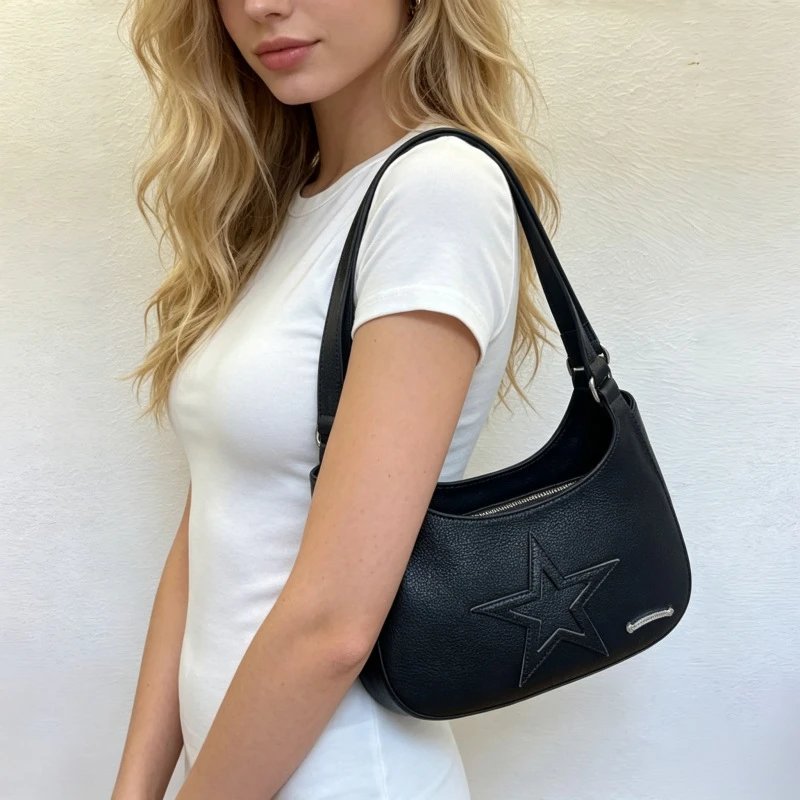Black Star Embossed Leather Shoulder Bag