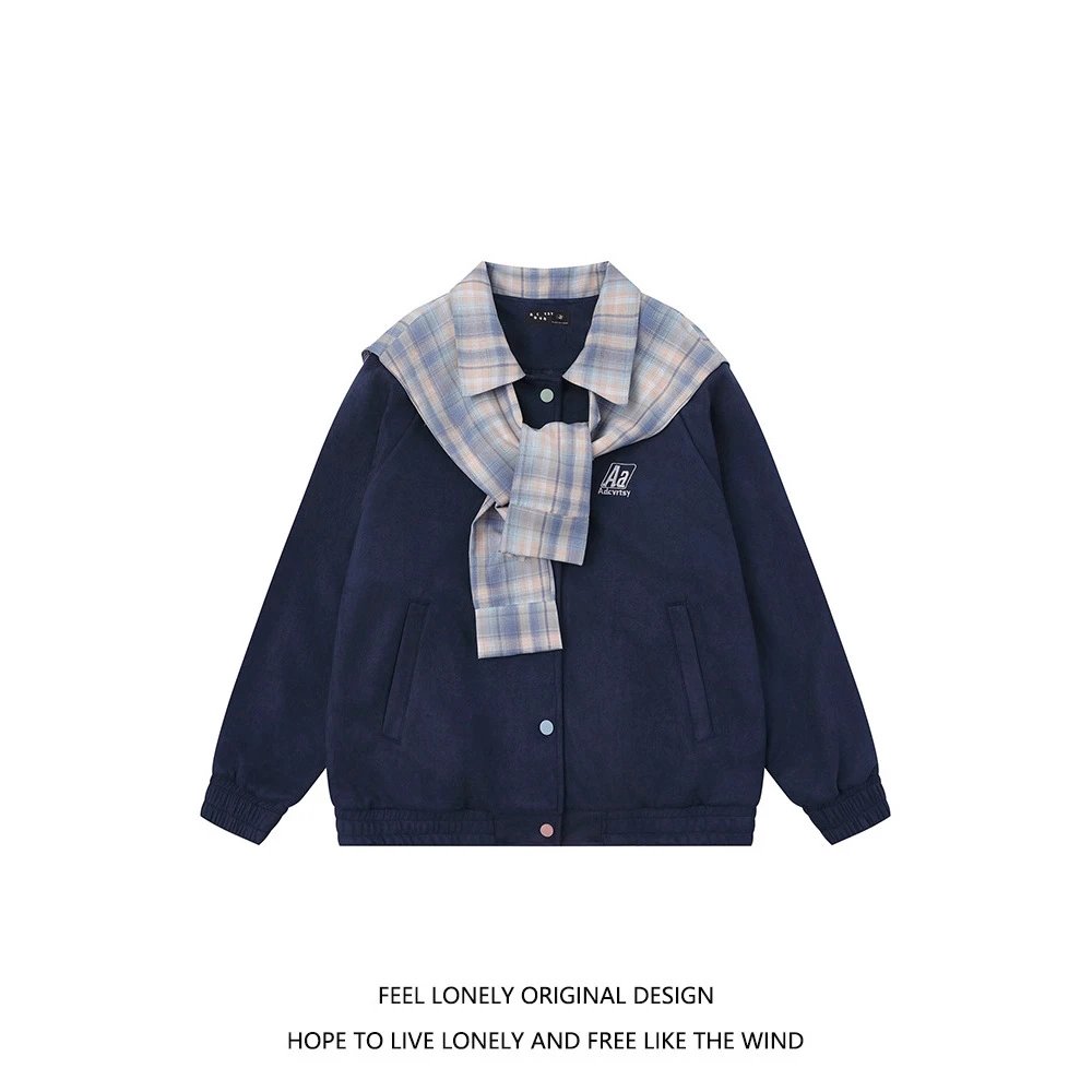 Feel Lonely Original Design Navy Blue Plaid Collar Jacket