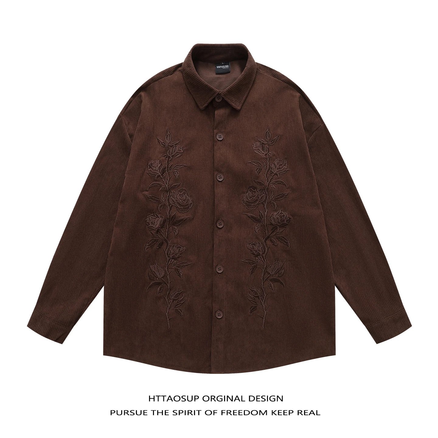 Httaosup Corduroy Brown Embroidered Shirt