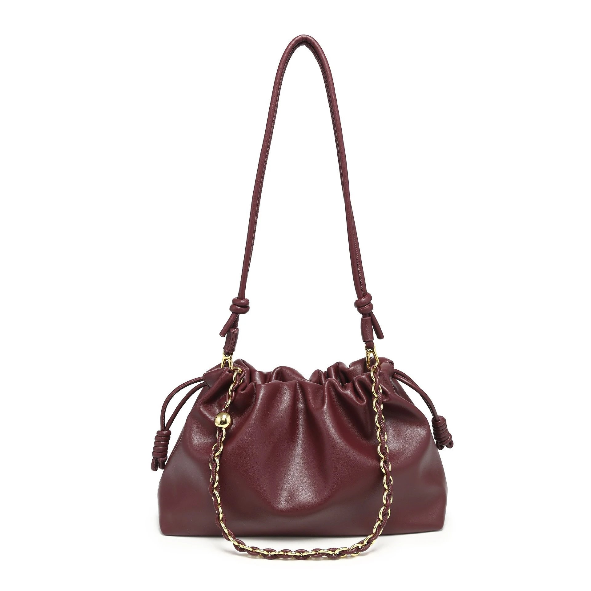 Leather Drawstring Burgundy Shoulder Bag