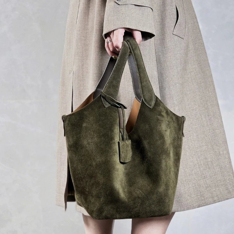 Suede Tote Bag Olive Green Fashion Handbag