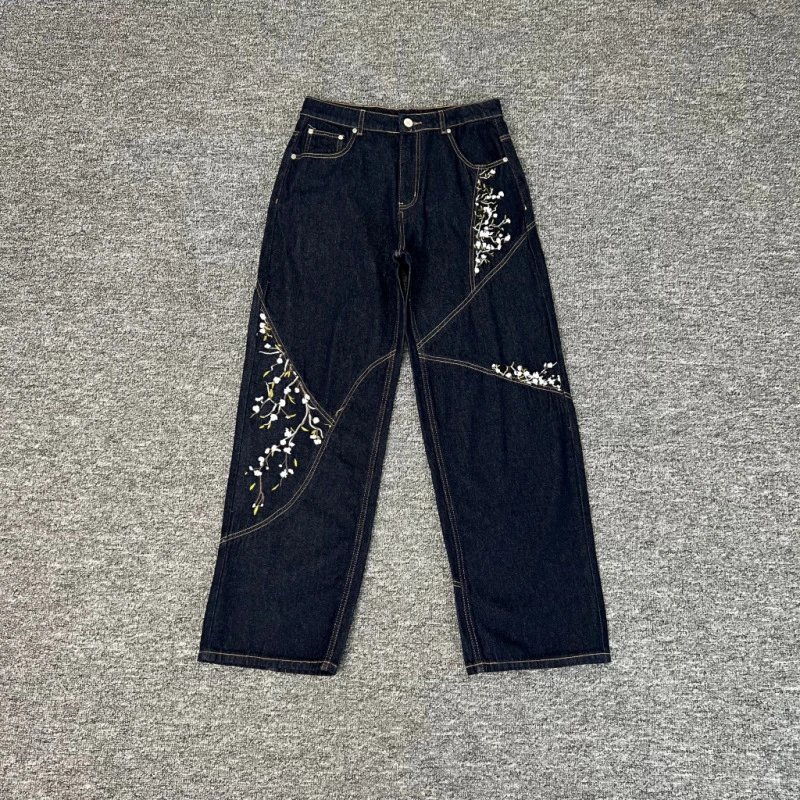 Denim Wide Leg Dark Blue Embroidered Trousers