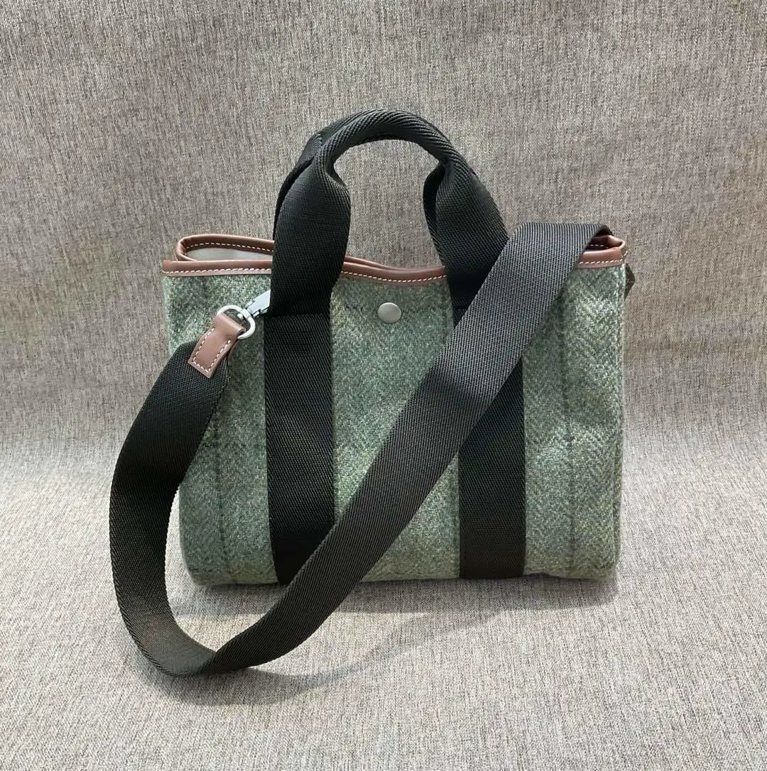 Green Tweed Shoulder Bag Brown Trim Casual Tote