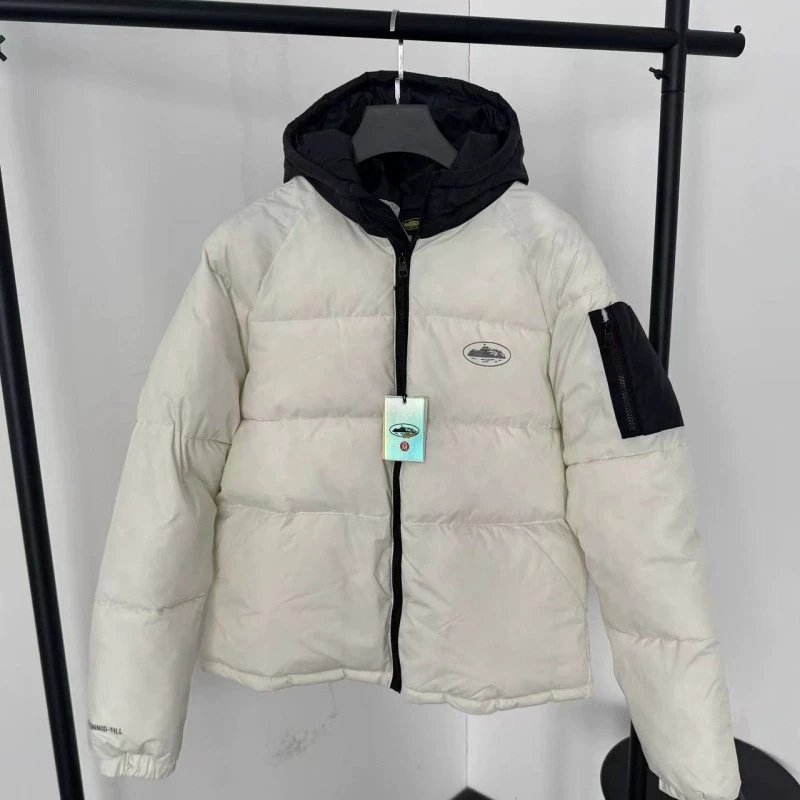 White Puffer Jacket With Hood Black Trim Winter Style