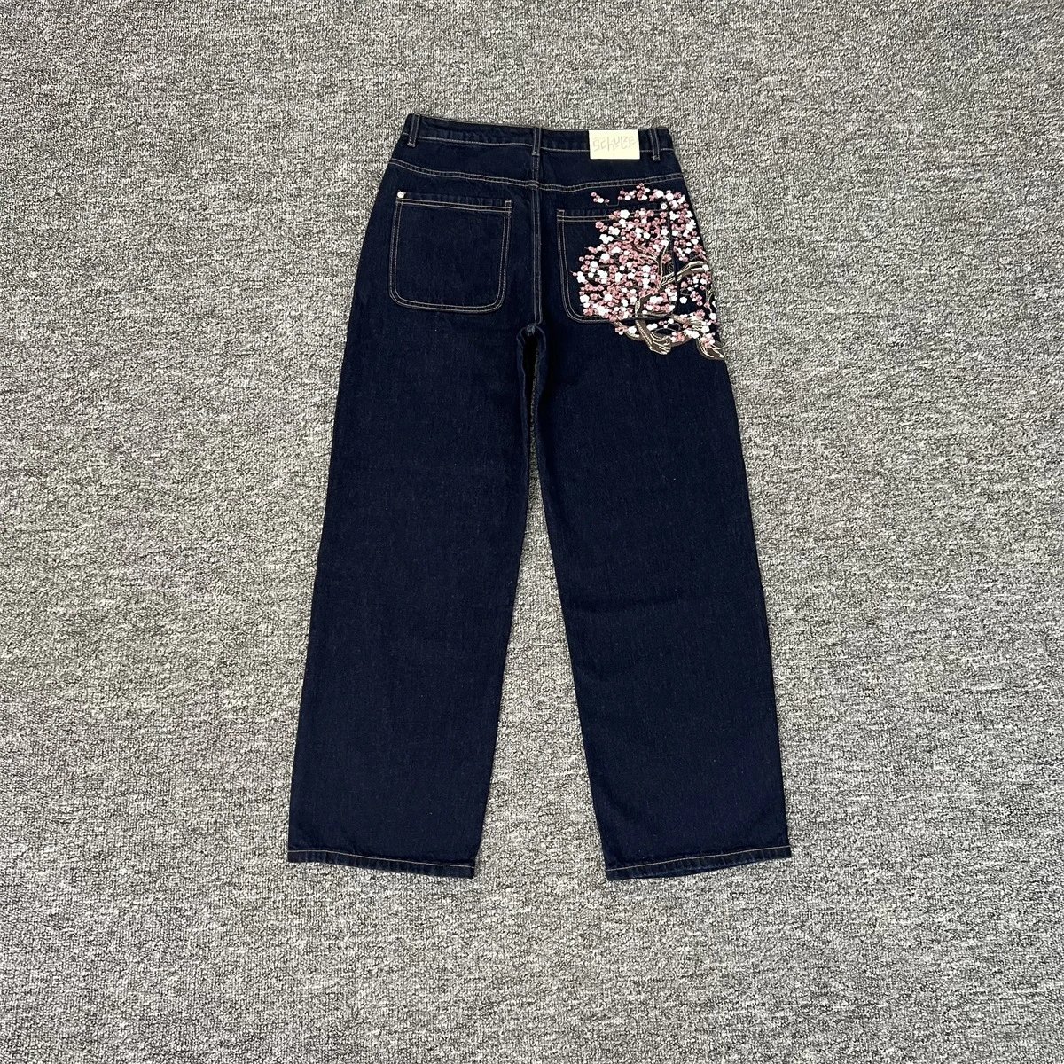 Denim Wide Leg Dark Blue Embroidered Trousers