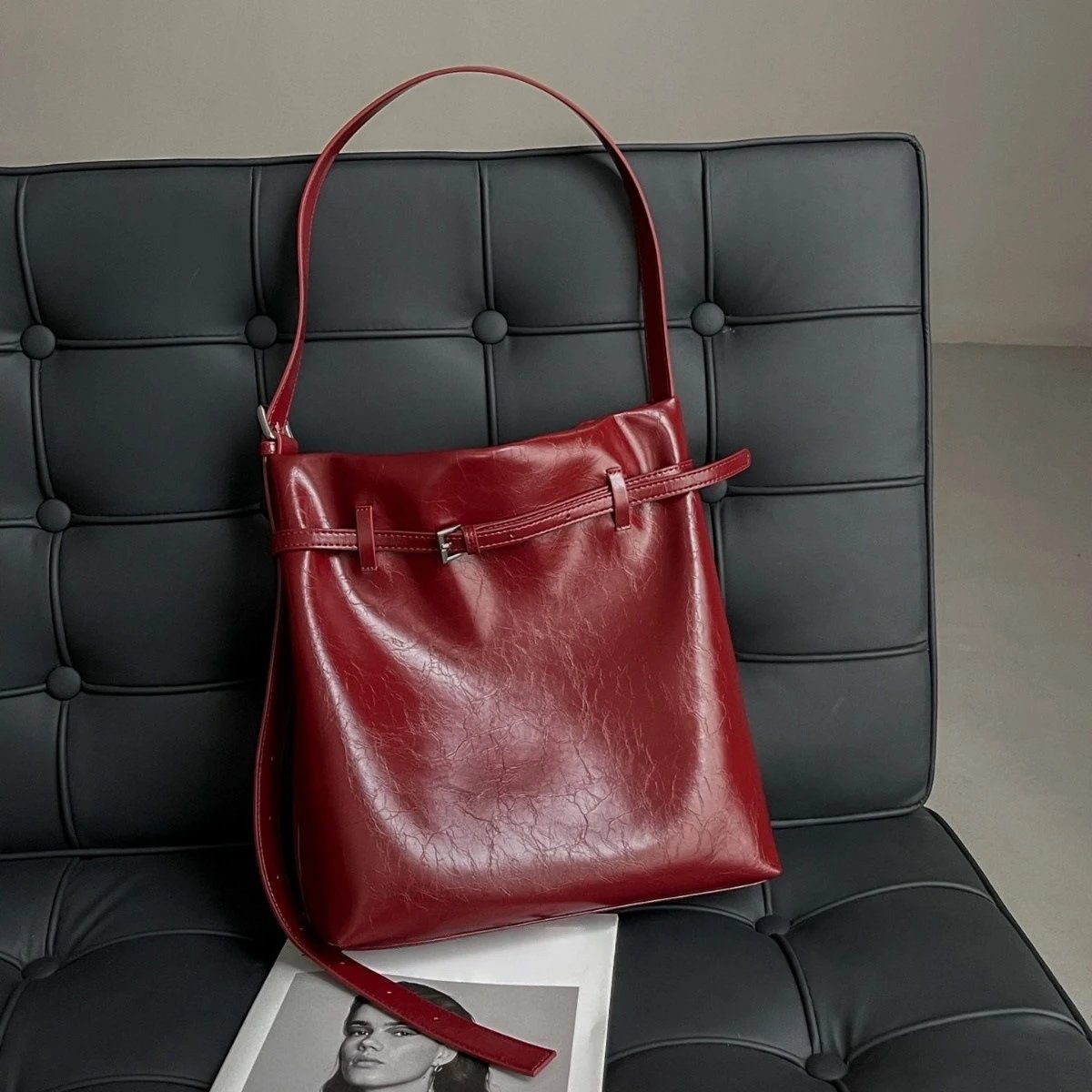 Red Leather Bucket Bag Minimalist Style