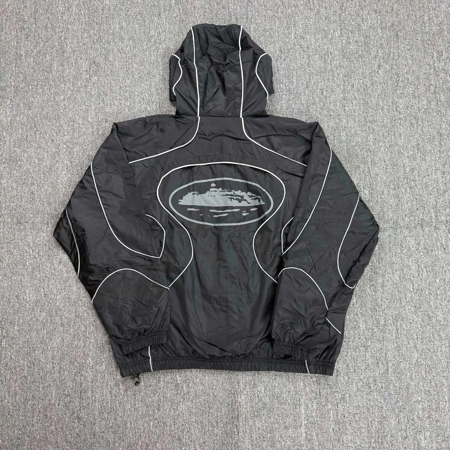 Black Hooded Windbreaker Jacket With Landscape Print