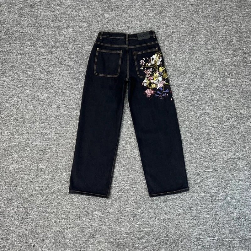 Black Floral Embroidered Wide Leg Jeans