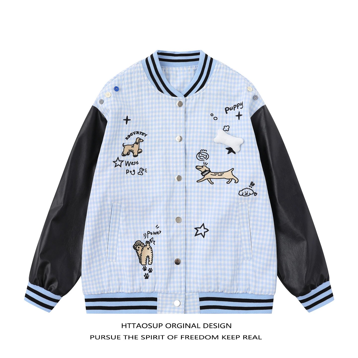 Httaosup Original Design Light Blue Checkered Puppy Print Bomber Jacket