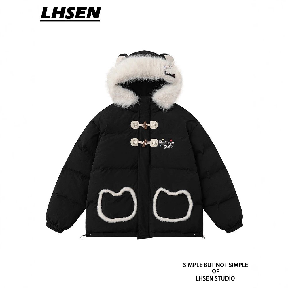 LHSEN Black Cat Ear Hooded Puffer Jacket