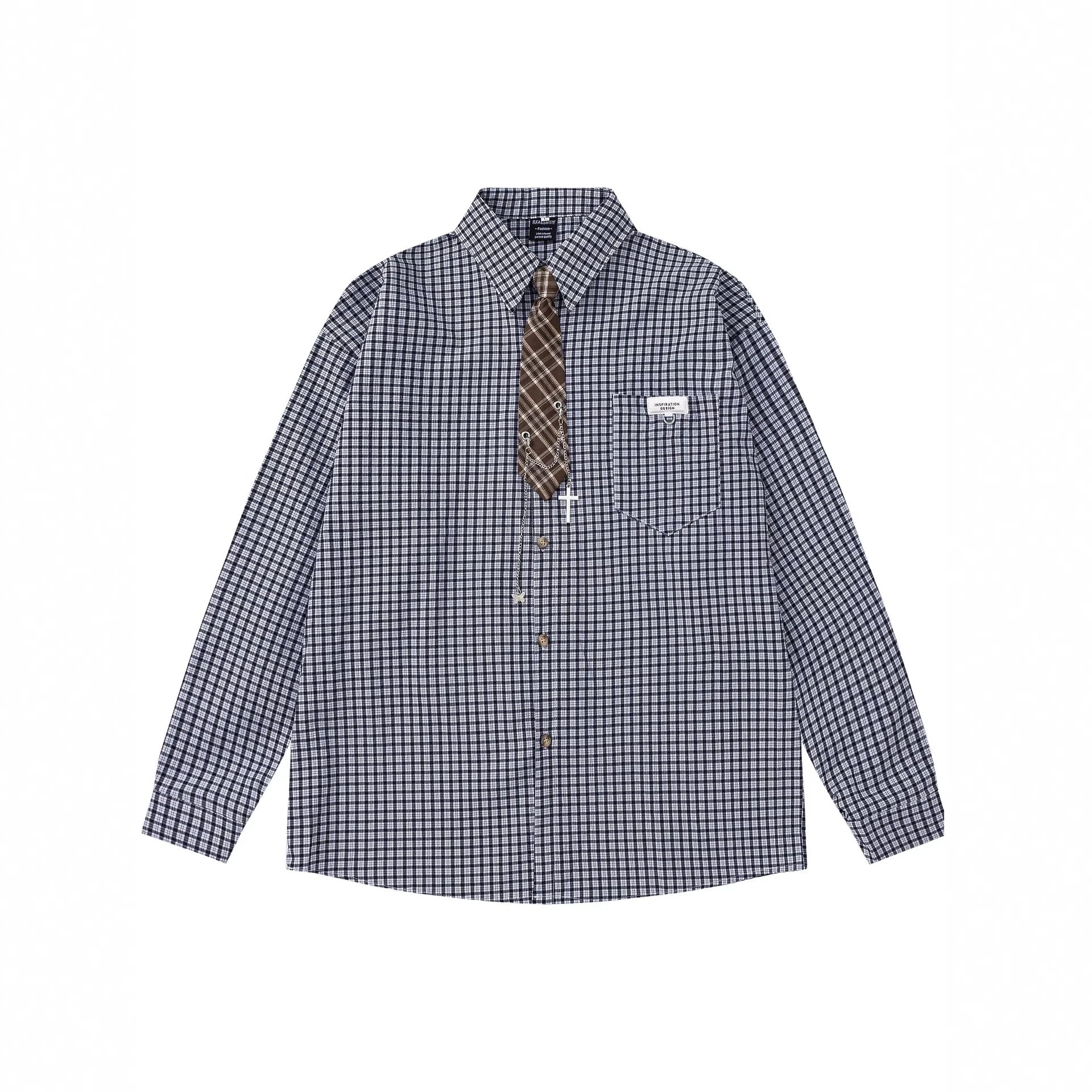 Unbranded Shirts Long-Sleeve Checkered Button-Up Shirt with Decorative Tie image 5