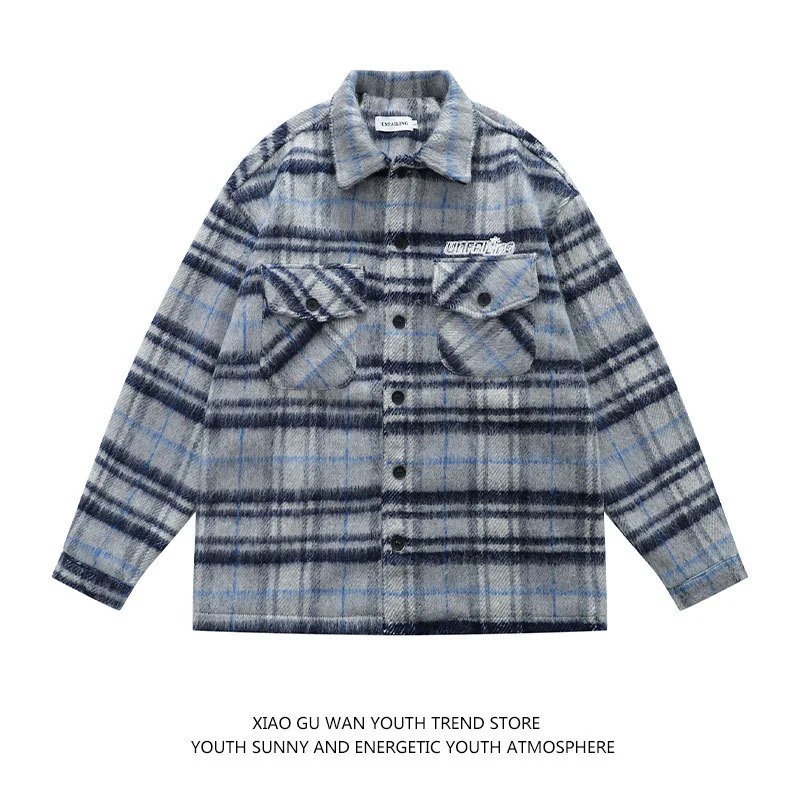 Unbranded Jackets Plaid fleece shirt jacket with chest pockets — Blue