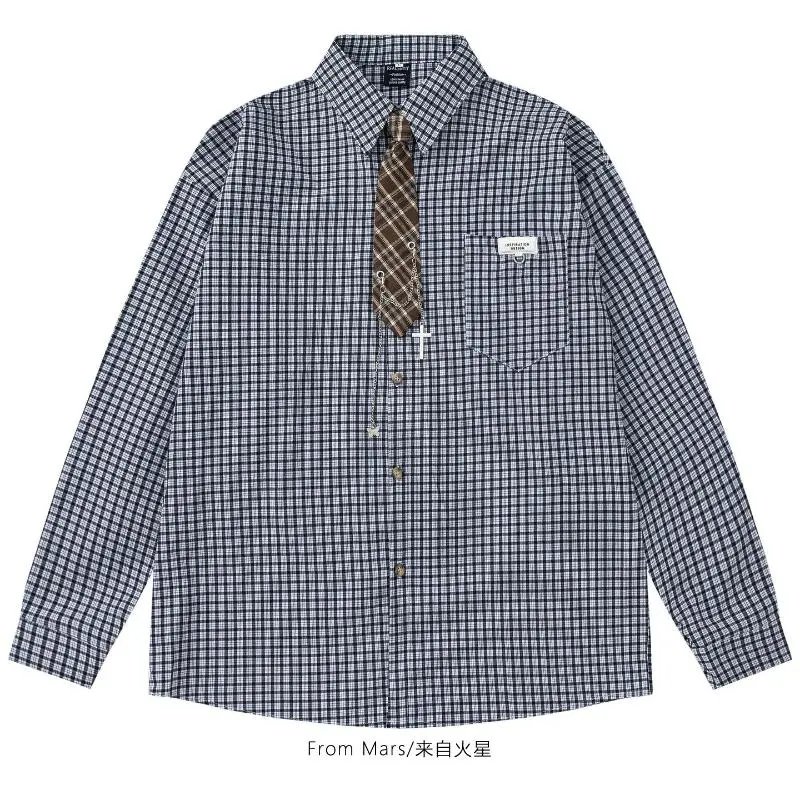 Unbranded Shirts Long-Sleeve Checkered Button-Up Shirt with Decorative Tie — Black