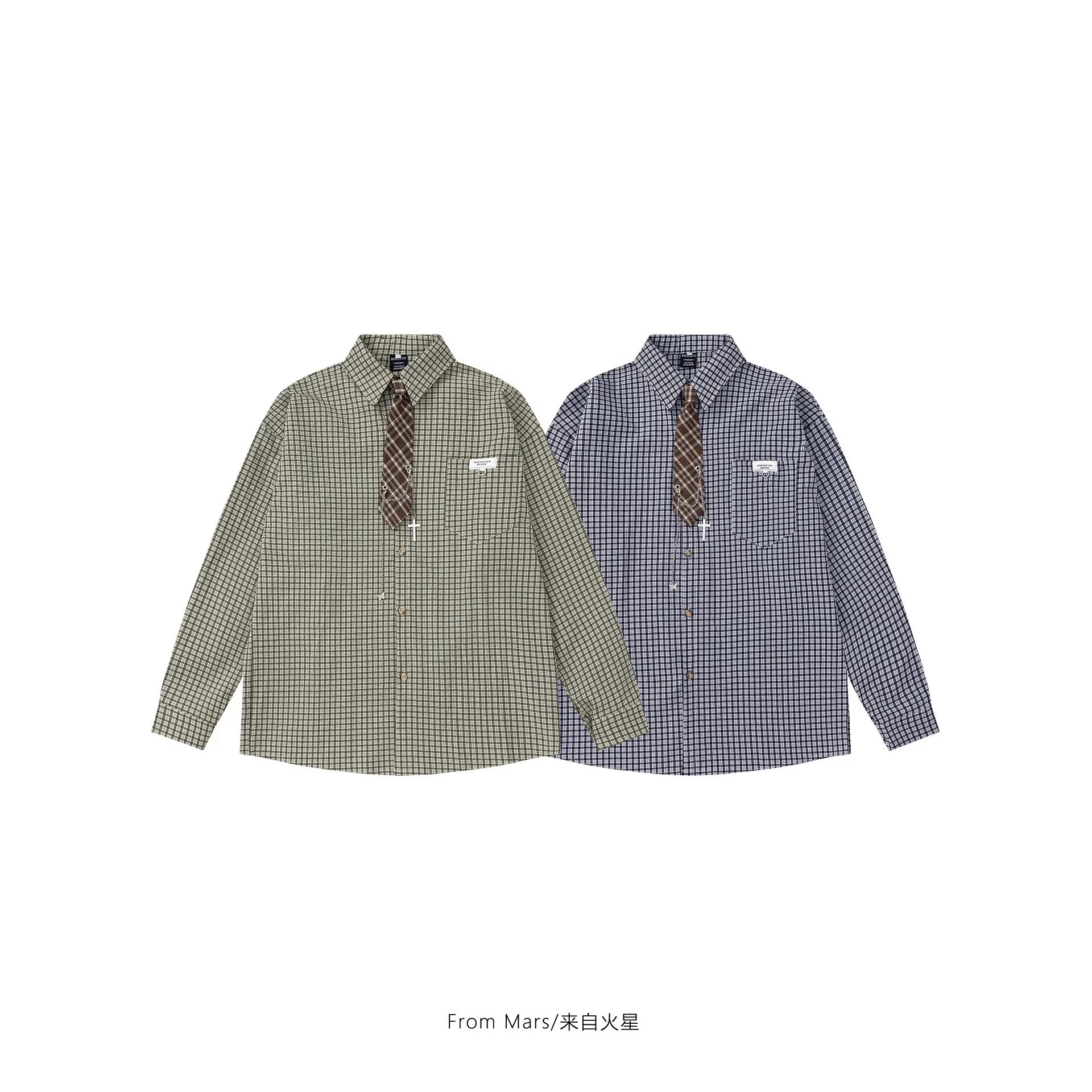 Unbranded Shirts Long-Sleeve Checkered Button-Up Shirt with Decorative Tie image 3