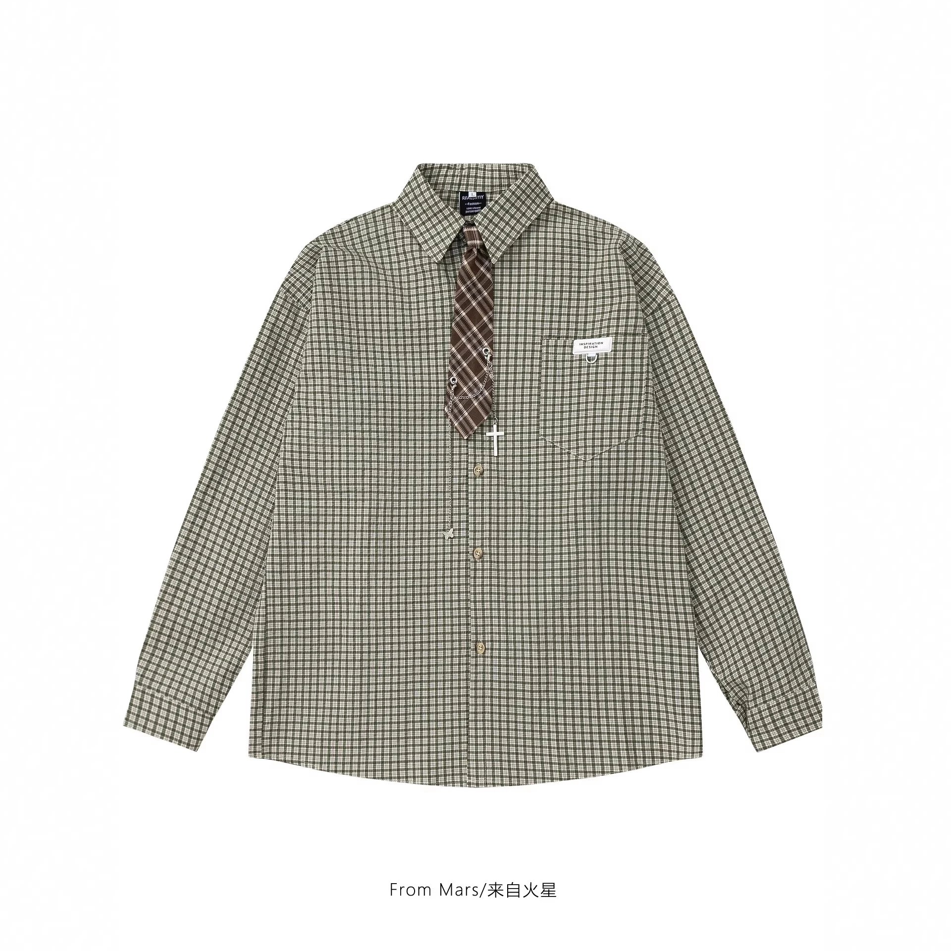Unbranded Shirts Long-Sleeve Checkered Button-Up Shirt with Decorative Tie image 2
