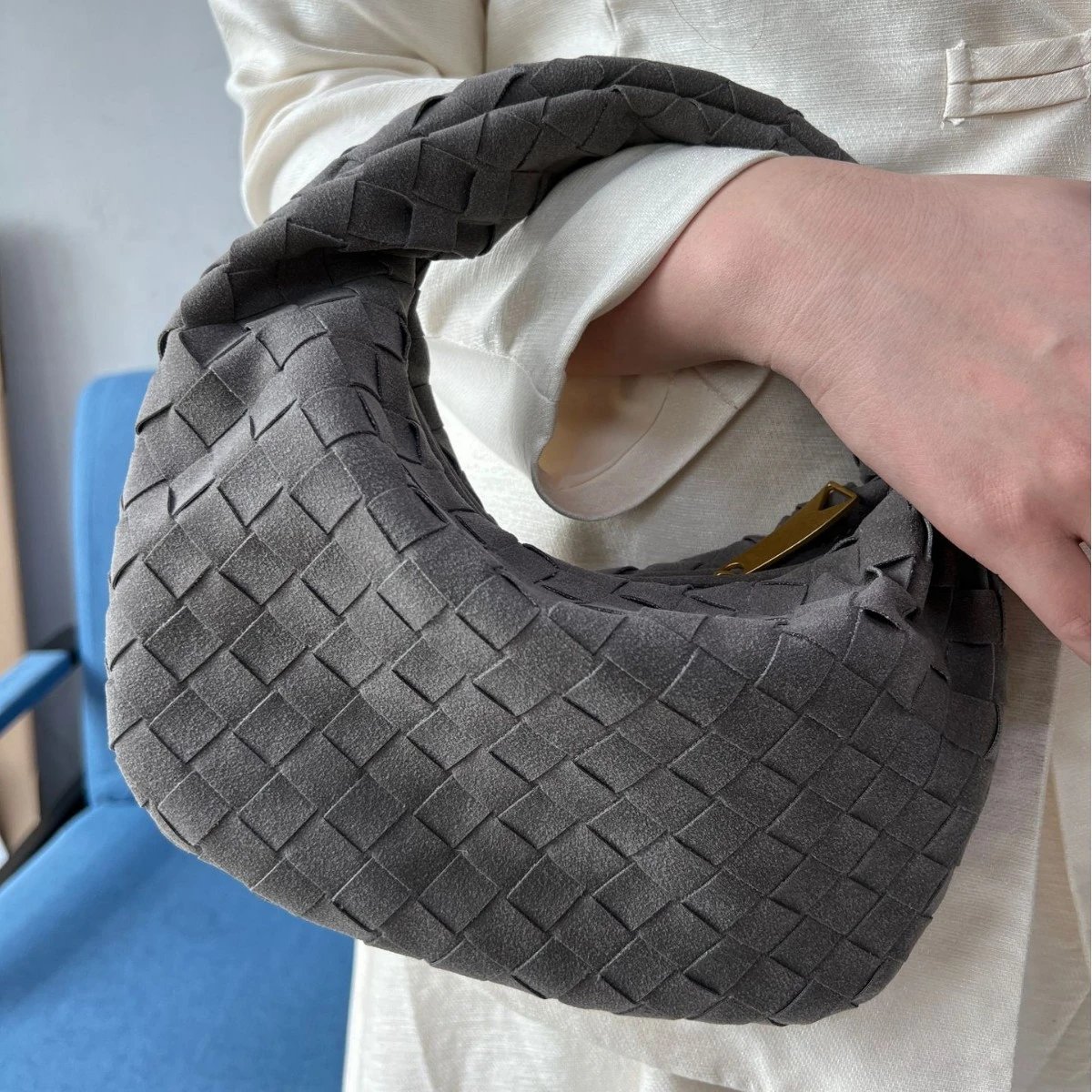 Woven Grey Leather Handbag Fashion
