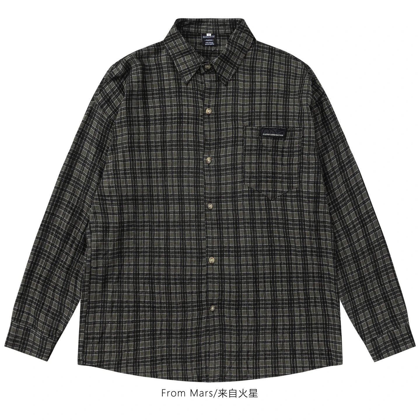 RFAUSNITY Shirts Plaid Long-Sleeve Button-Up Shirt with Chest Pocket — Green