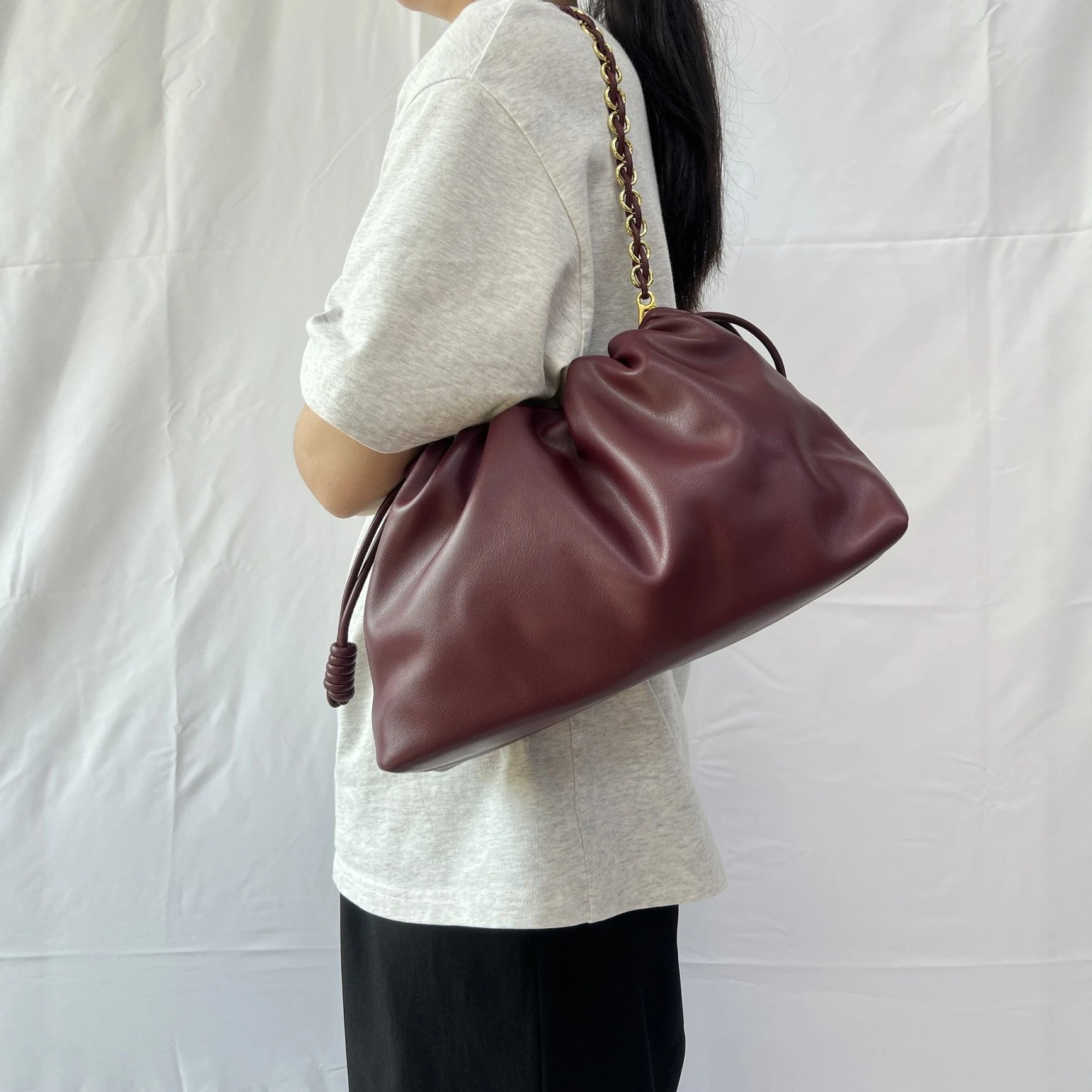 Leather Drawstring Burgundy Shoulder Bag