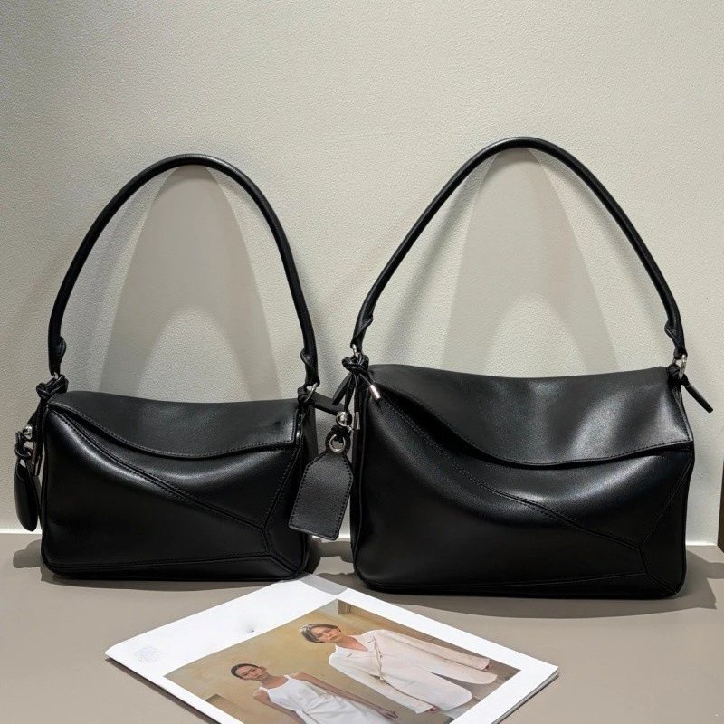 Leather Shoulder Bag Black Minimalist Tote
