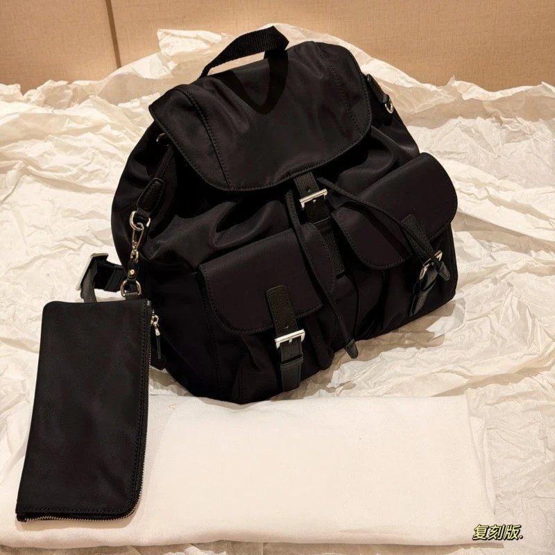 Black Nylon Backpack With Zipper Pouch Casual Style