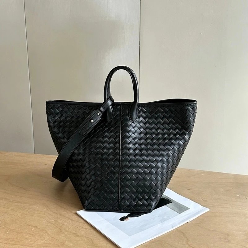 Woven Leather Tote Black Fashion Handbag