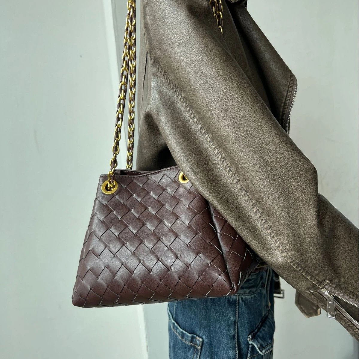 Woven Leather Brown Shoulder Bag