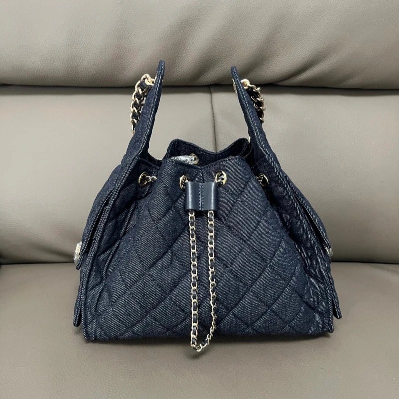 Denim Quilted Blue Drawstring Shoulder Bag