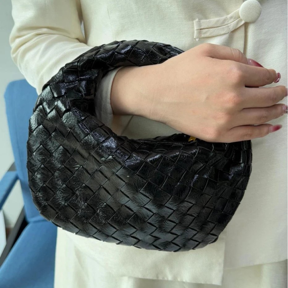 Woven Leather Black Handbag Fashion