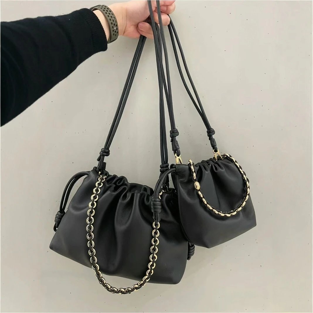 Leather Drawstring Black Chain Shoulder Bag