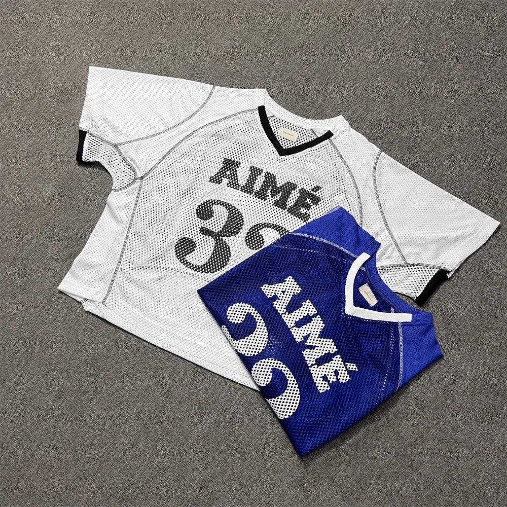 AIME White and Blue Mesh Short Sleeve Shirts