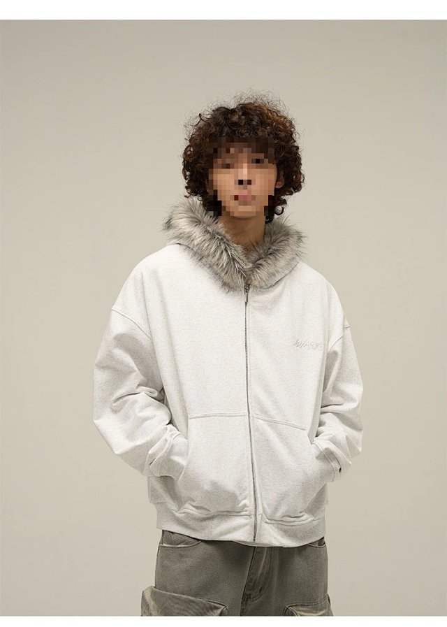 Windy HEXT Light Grey Fur-Trim Zip-Up Hoodie: seller detail photo 3