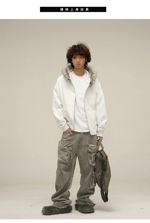 Windy HEXT Light Grey Fur-Trim Zip-Up Hoodie: seller detail photo 1